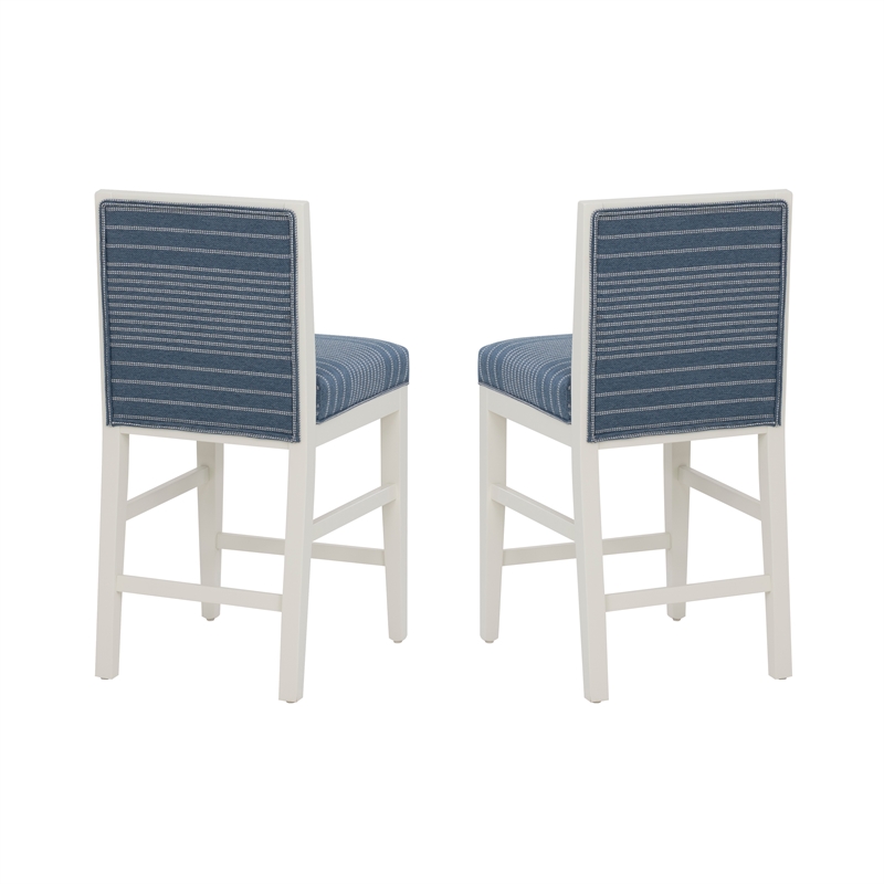 Pemberly Row Set of 2 Blue Striped Upholstered Counter Stools in White Wood