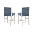 Pemberly Row Set of 2 Blue Striped Upholstered Counter Stools in White Wood