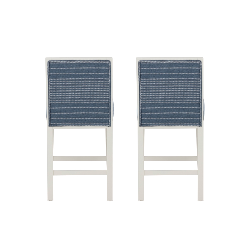Pemberly Row Set of 2 Blue Striped Upholstered Counter Stools in White Wood