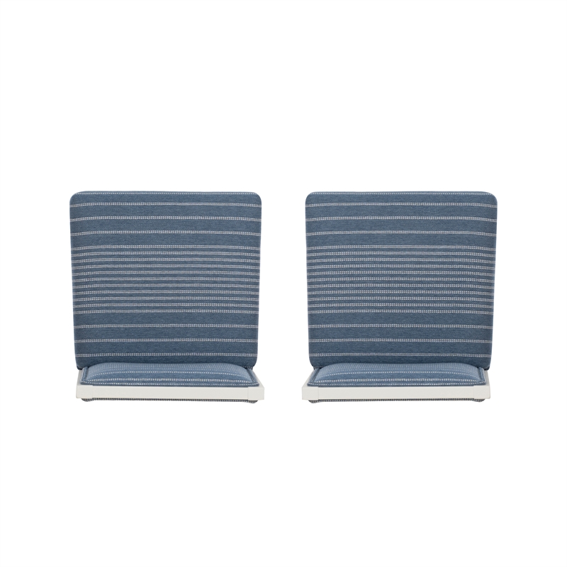 Pemberly Row Set of 2 Blue Striped Upholstered Counter Stools in White Wood