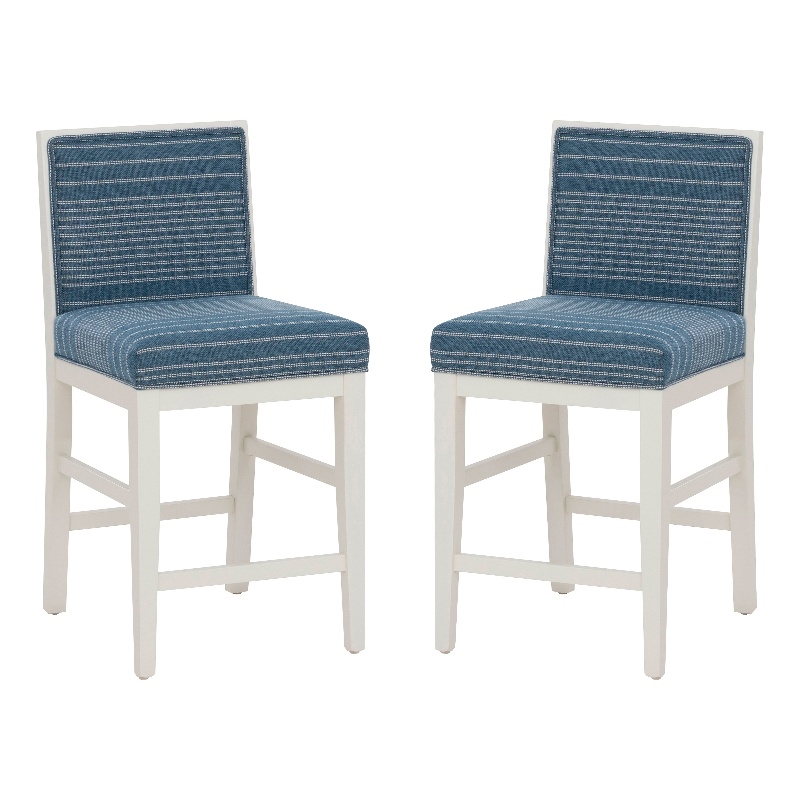 Pemberly Row Set of 2 Blue Striped Upholstered Counter Stools in White Wood