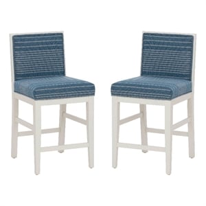 Pemberly Row Set of 2 Blue Striped Upholstered Counter Stools in White Wood