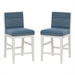 Pemberly Row Set of 2 Blue Striped Upholstered Counter Stools in White Wood