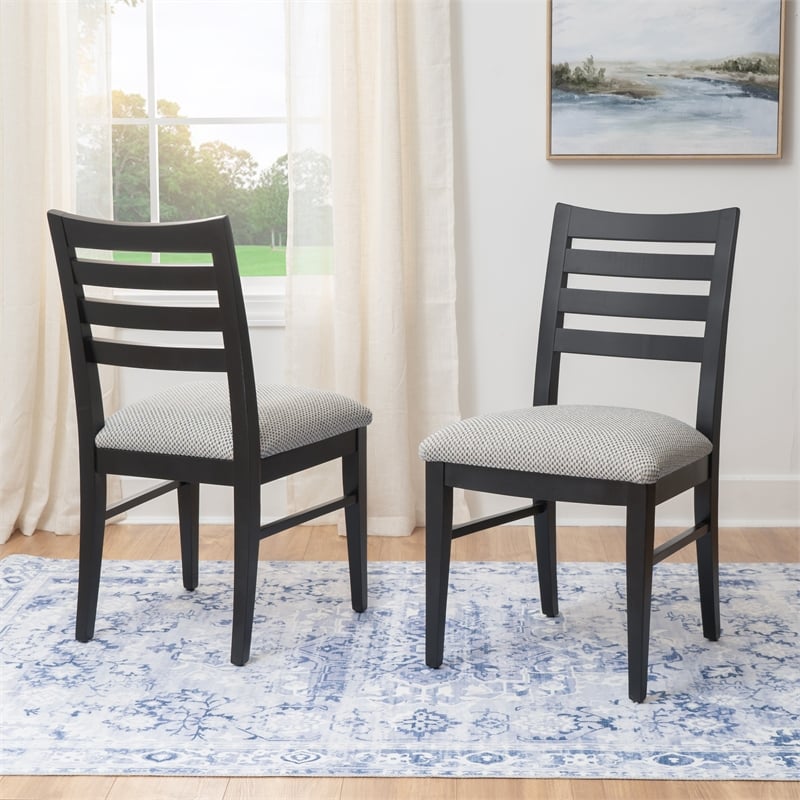 Pemberly Row Set of 2 Slat Back Maple Wood Dining Chairs in Black