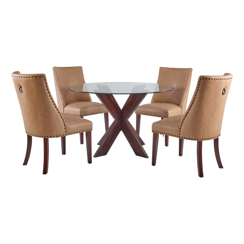 Pemberly Row 5-Piece Faux Leather Dining Set with Glass Table in Tan/Espresso