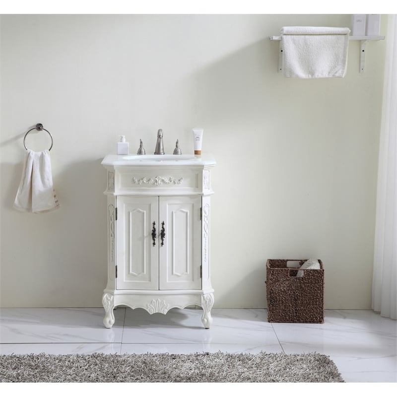 Pemberly Row Solid Wood Bathroom Vanity with Quartz Top in Antique White