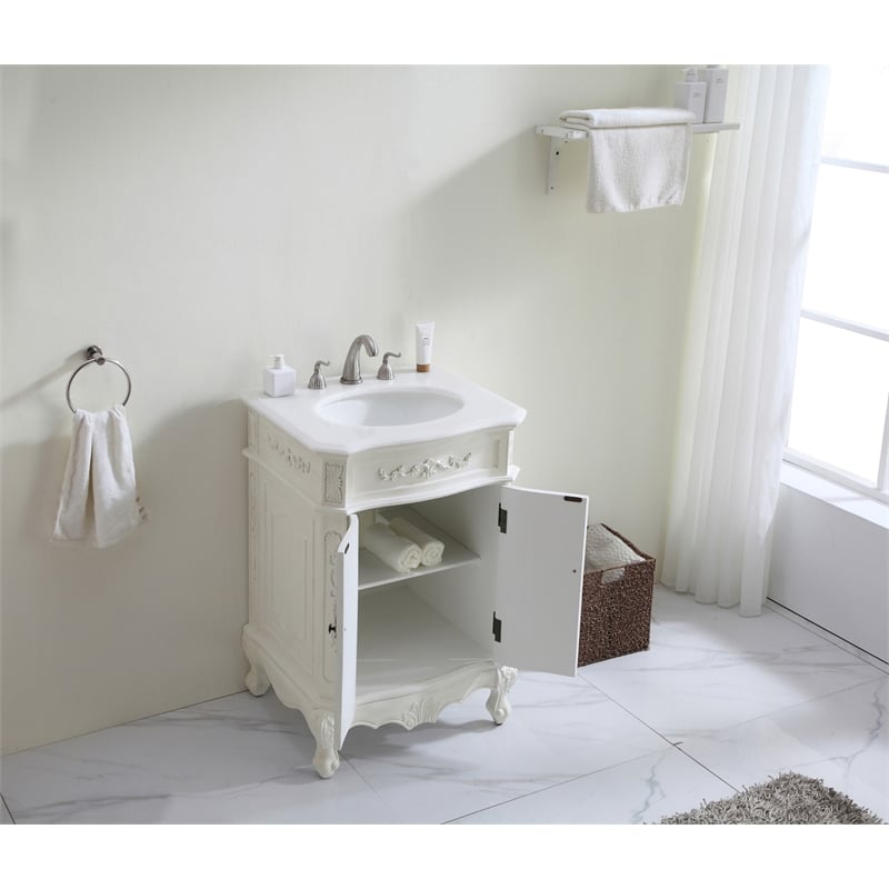 Pemberly Row Solid Wood Bathroom Vanity with Quartz Top in Antique White