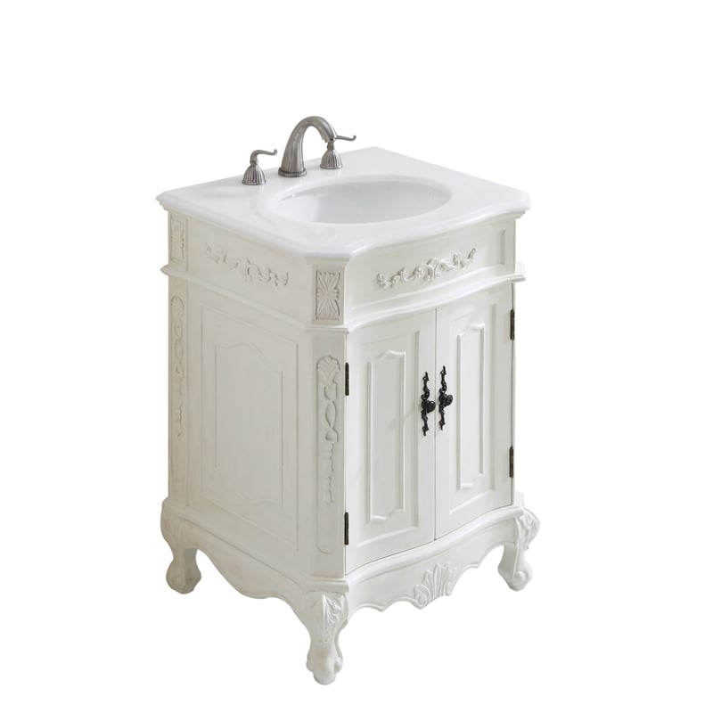 Pemberly Row Solid Wood Bathroom Vanity with Quartz Top in Antique White