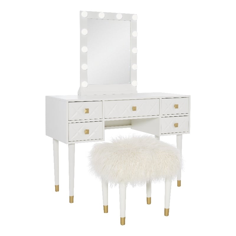 Pemberly Row Vanity Set Lighted Mirror Gold Accents White Wood