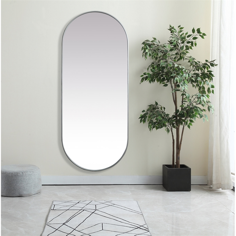 Pemberly Row Oval Pill-Shaped Metal Wall Mirror in Silver Finish 30x72 in