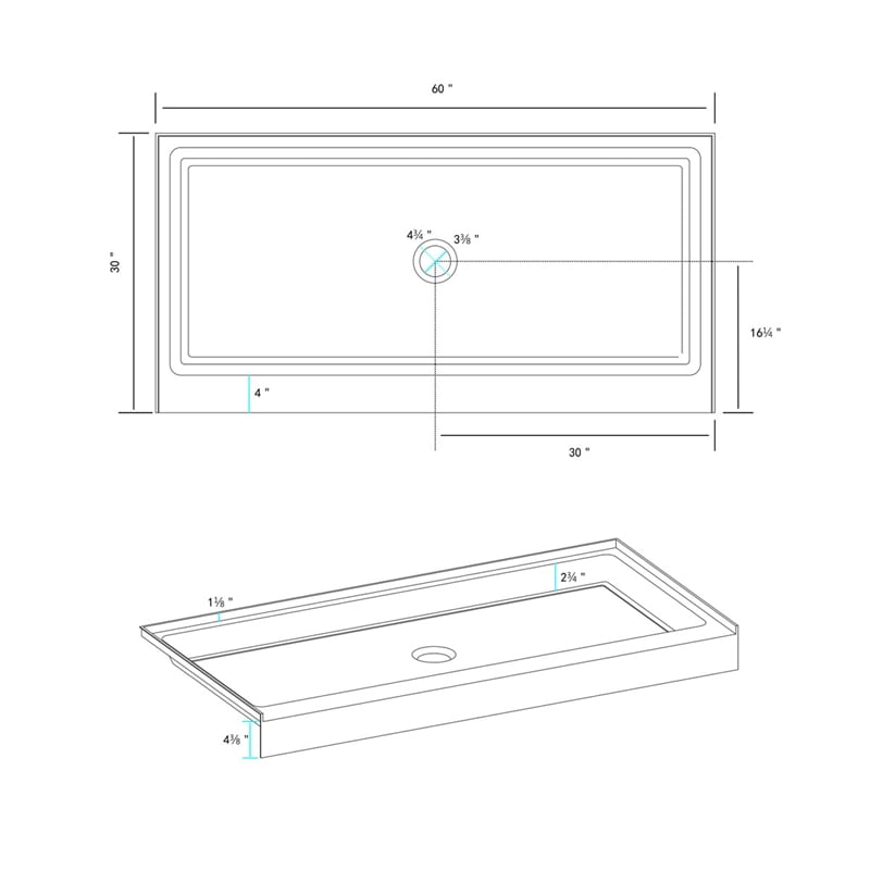 Pemberly Row Shower Base Center Drain Acrylic Glossy White 60x30 in