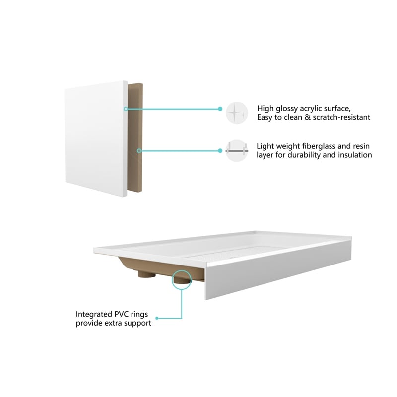 Pemberly Row Shower Base Center Drain Acrylic Glossy White 60x30 in
