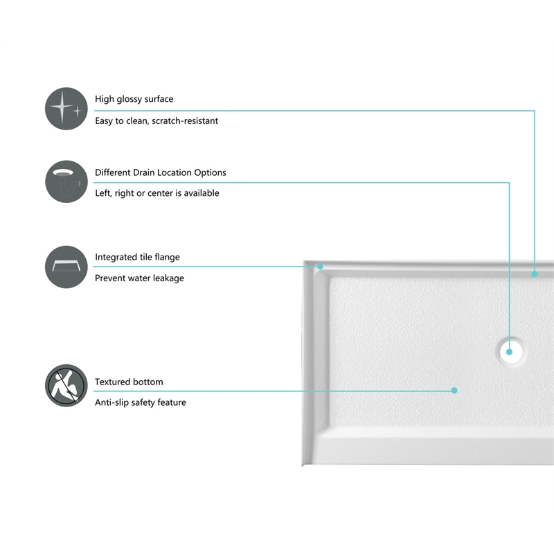 Pemberly Row Shower Base Center Drain Acrylic Glossy White 60x30 in