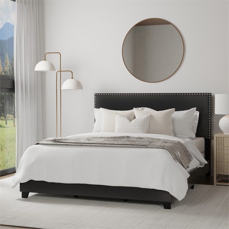 Pemberly Row Upholstered Queen Bed with Nailhead Trim in Black Faux Leather
