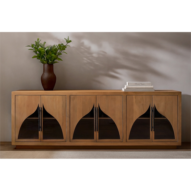 Pemberly Row 6-Door Acacia Sideboard with Curved Glass Panels in Natural Finish