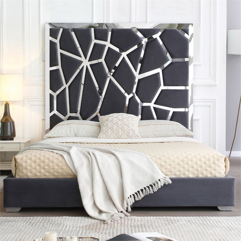 Pemberly Row Serenity King Velvet Bed with Silver Metal Frame in Gray