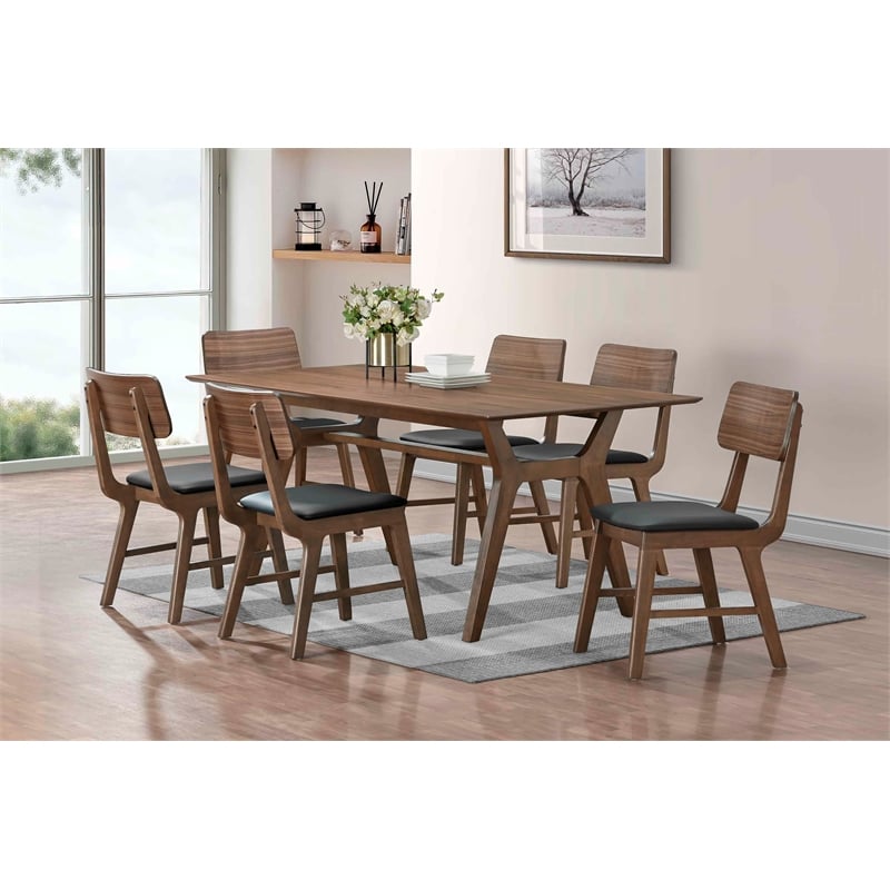 Pemberly Row Thea 7-Piece Wood Dining Set in Walnut with Black Seats