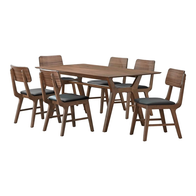 Pemberly Row Thea 7-Piece Wood Dining Set in Walnut with Black Seats