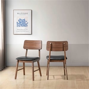 Pemberly Row Thea Wood Side Chair Set of 2 with Black Seat in Walnut