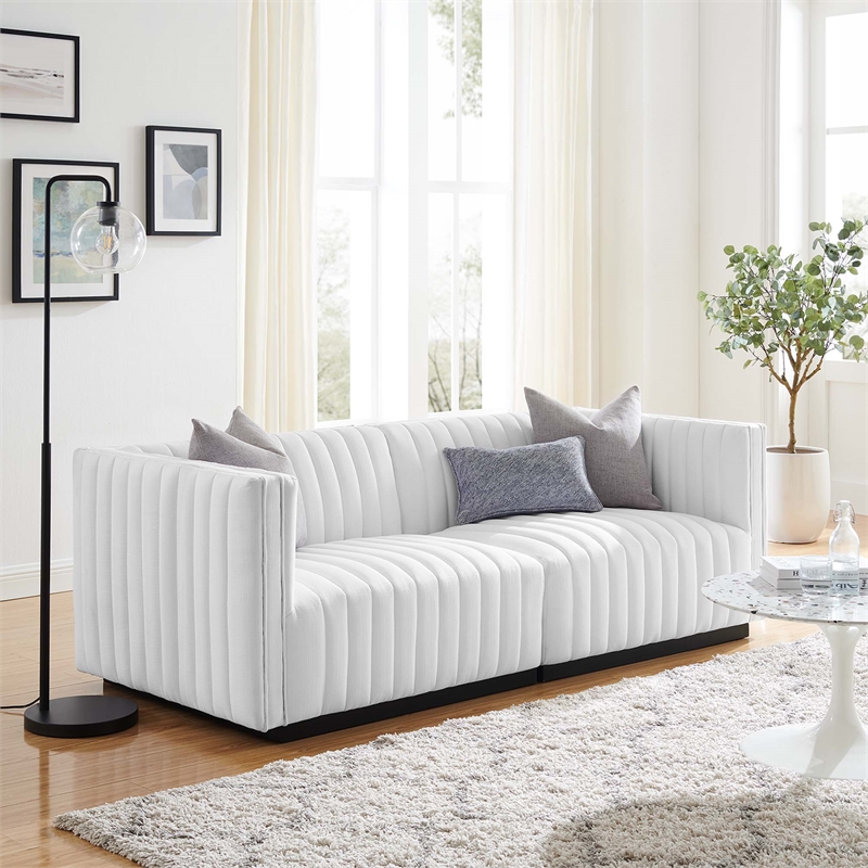 Pemberly Row Channel Tufted Fabric Loveseat in Black and White