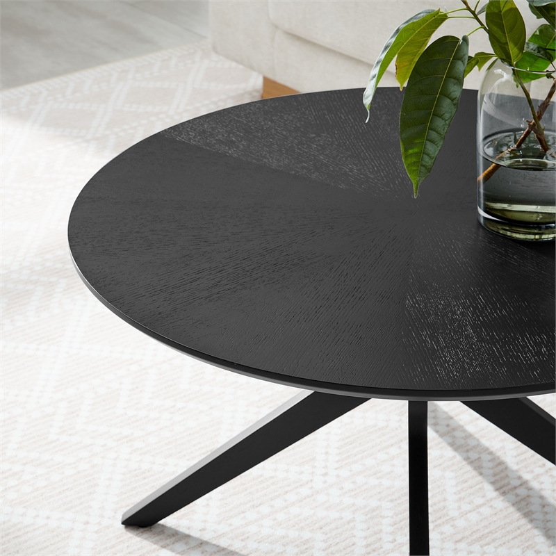 Pemberly Row Round Wood Coffee Table with Ash Wood Veneer in Black