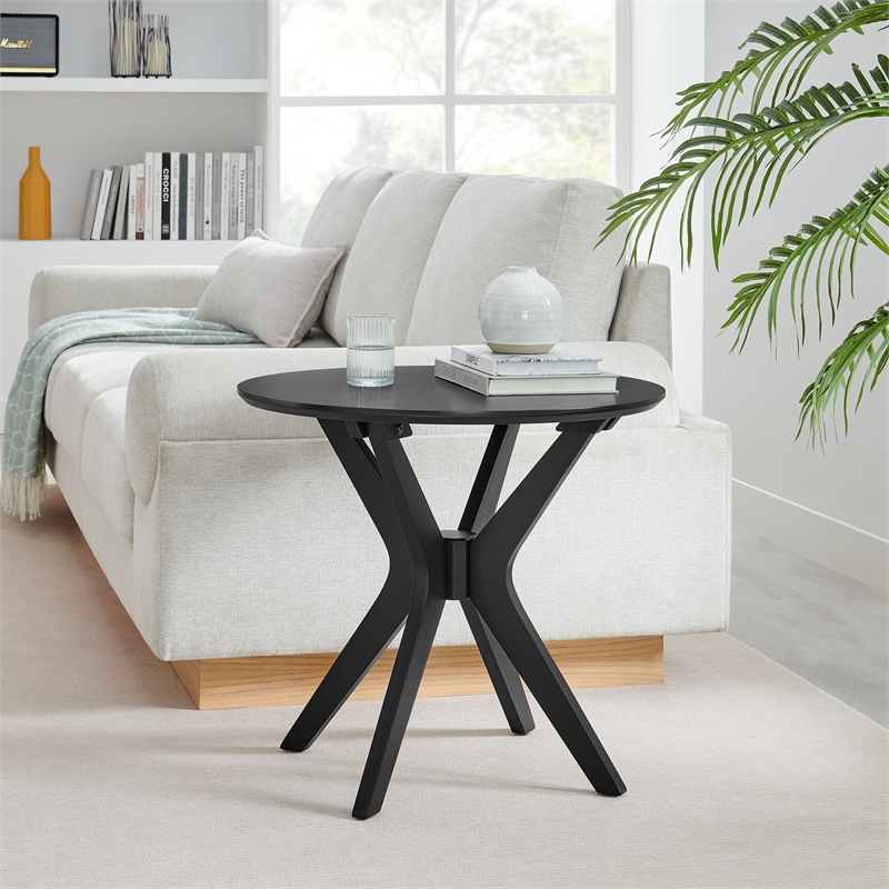 Pemberly Row 24 in Round Side Table with Ash Wood Veneer in Black