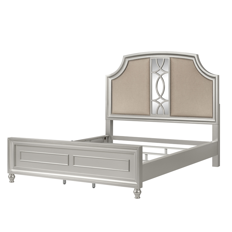Pemberly Row Upholstered Wood California King Bed in Matte Silver Finish
