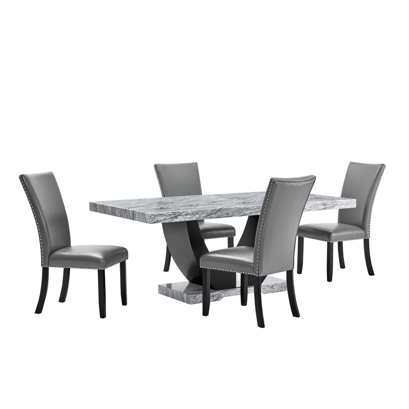 Pemberly Row Faux Marble Wood 5-Piece Dining Set in Gray and Black