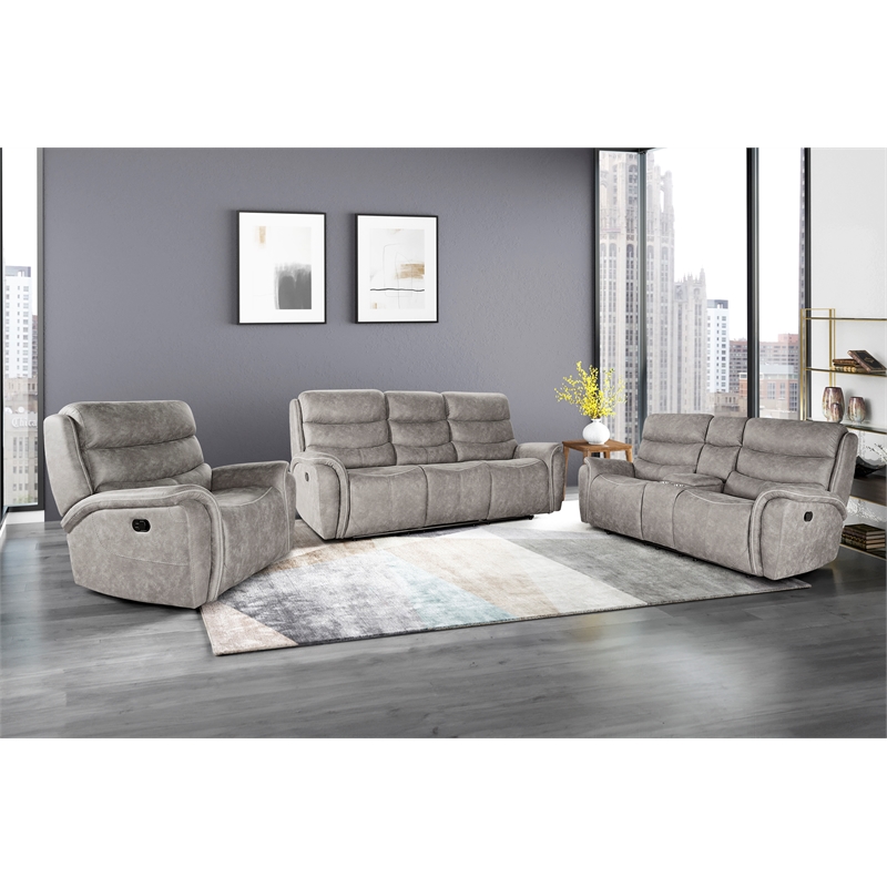 Pemberly Row 3-Piece Manual Fabric Living Room Set in Gray