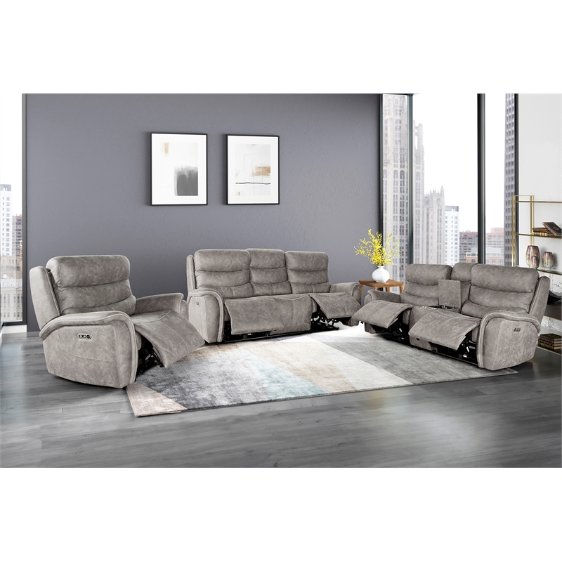 Pemberly Row 3-Piece Fabric Power Living Room Set in Gray with USB Ports