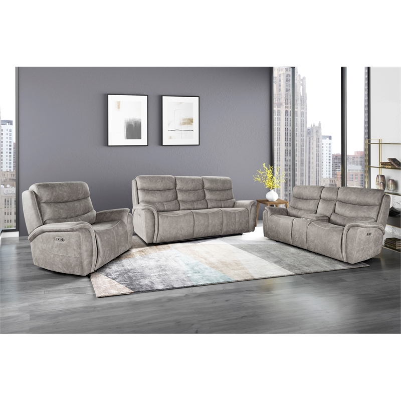Pemberly Row 3-Piece Fabric Power Living Room Set in Gray with USB Ports