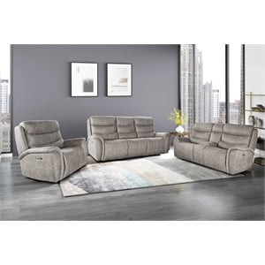 Pemberly Row 3-Piece Fabric Power Living Room Set in Gray with USB Ports