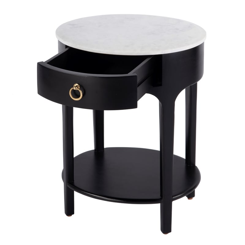 Pemberly Row Oval Marble Top Nightstand with Shelf in Black and White