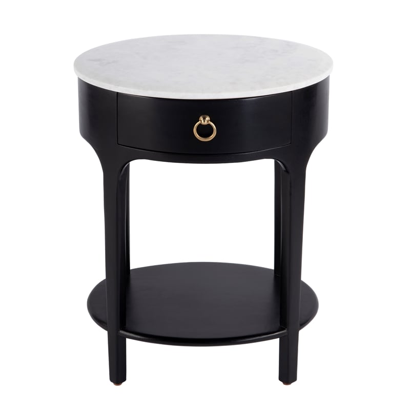 Pemberly Row Oval Marble Top Nightstand with Shelf in Black and White