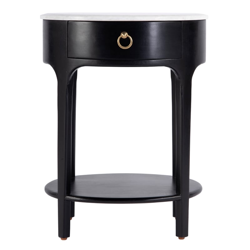 Pemberly Row Oval Marble Top Nightstand with Shelf in Black and White