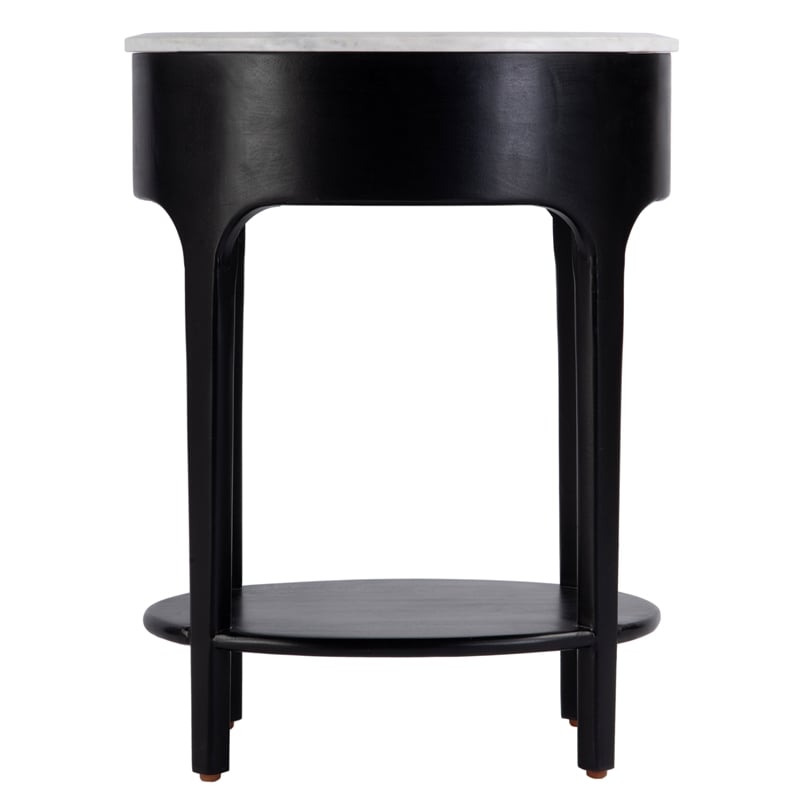 Pemberly Row Oval Marble Top Nightstand with Shelf in Black and White
