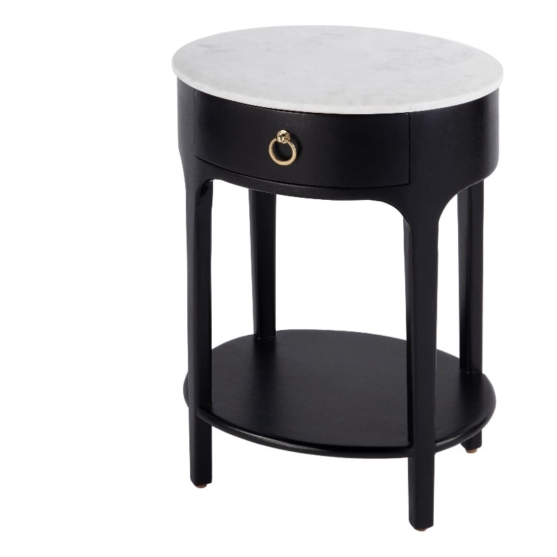 Pemberly Row Oval Marble Top Nightstand with Shelf in Black and White