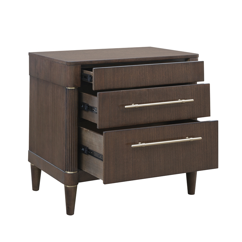 Pemberly Row 3-Drawer Nightstand with USB Ports in Piano Brown Finish