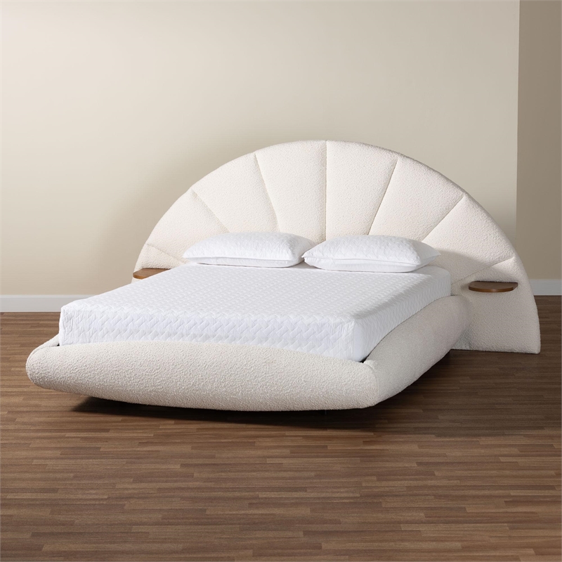 Pemberly Row Cream King Floating Bed with Shelves and Boucle Upholstery