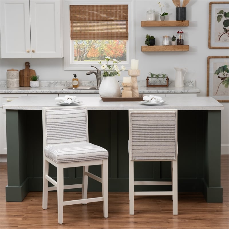Pemberly Row Set of 2 Counter Stools in White Maple with Gray Upholstery Stripes