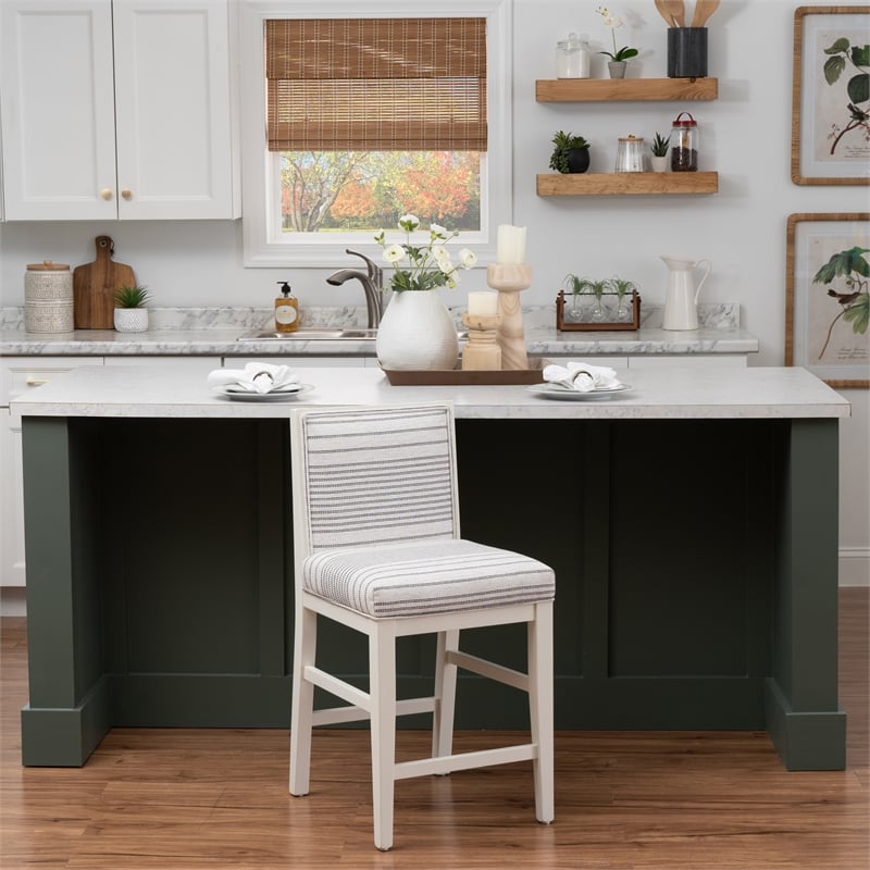 Pemberly Row Set of 2 Counter Stools in White Maple with Gray Upholstery Stripes