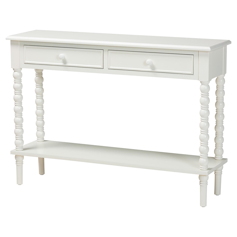 Pemberly Row White Wood Console Table with 2 Drawers and Spindle Legs