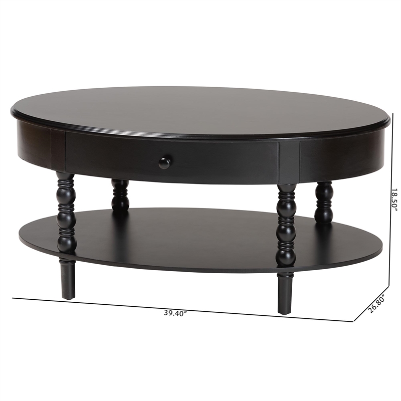 Pemberly Row Black Wood Coffee Table with 1 Drawer and Spindle Legs
