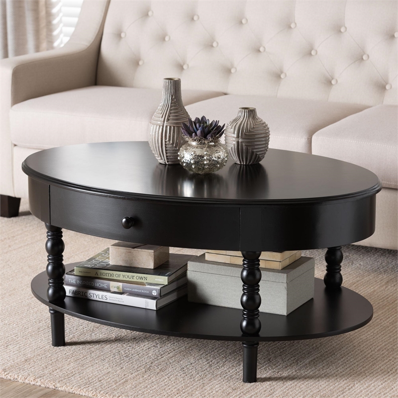 Pemberly Row Black Wood Coffee Table with 1 Drawer and Spindle Legs