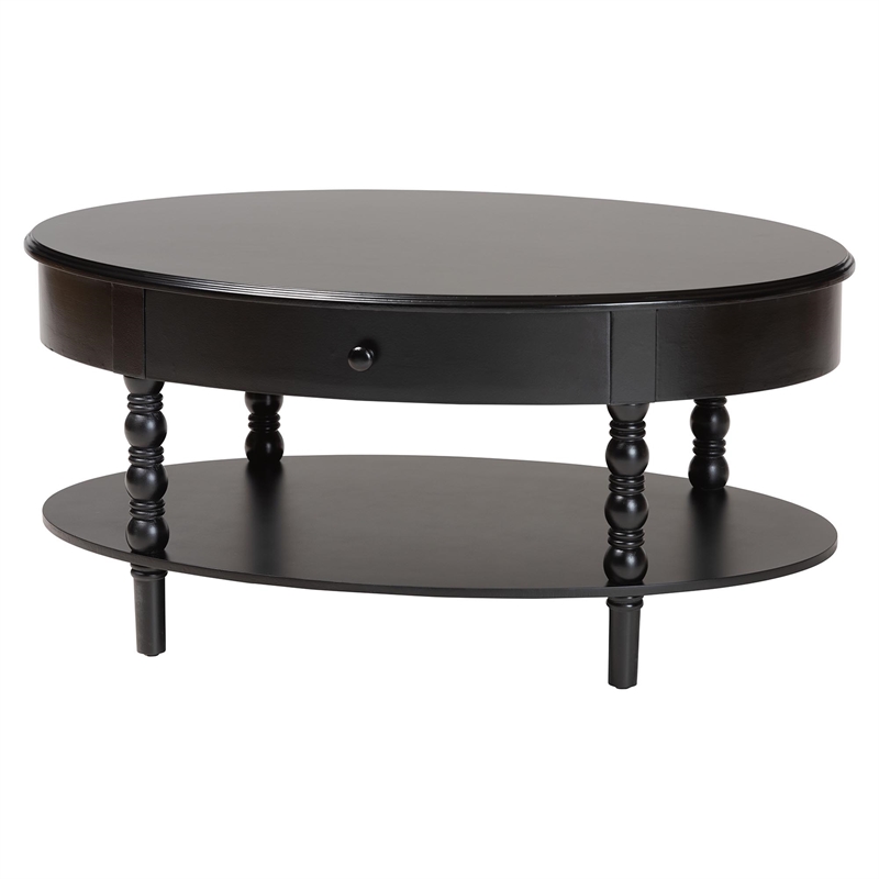 Pemberly Row Black Wood Coffee Table with 1 Drawer and Spindle Legs