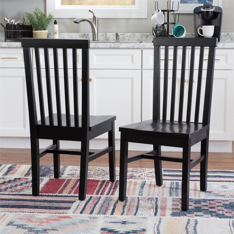 Pemberly Row Set of 2 High Slat Back Side Dining Chairs in Matte Black Wood