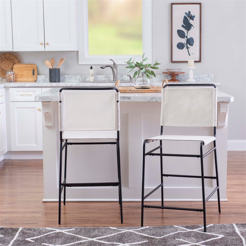 Pemberly Row Counter Stool with Sling Cream Fabric Seat and Black Frame
