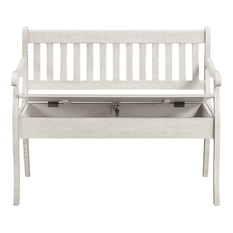Pemberly Row Entryway Storage Bench Distressed White Solid Wood with Veneer