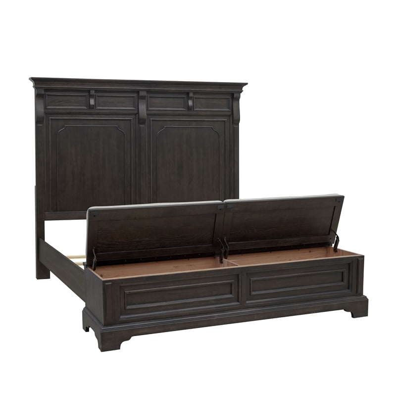 Pemberly Row Queen Storage Bed in Brown Velvet Wood Finish