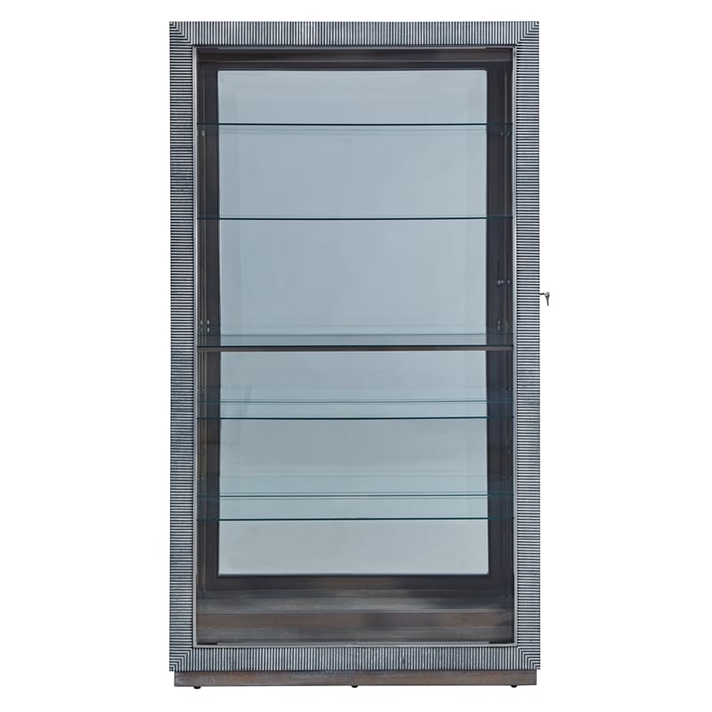 Pemberly Row Sliding Door Glass Curio Cabinet in Medium Brown